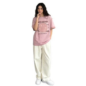 Camiseta de Manga Corta Rosa para Mujer, Cuello Redondo, Corte Holgado, Logotipo Estampado, Informal, 100% Algodón, Transpirable, Primavera Verano - Product Image 1