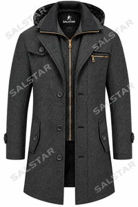 Manteau long en laine mélangée pour homme avec capuche, col à revers cranté, fermeture éclair, longueur genou, épais, pour l'hiver - Product Image 3