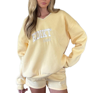 Private Label <b>Women</b> <b>V</b> <b>Neck</b> Fleece <b>Sweatshirts</b> Oversized Casual Embroidered Pullover Hoodies Low MOQ Clothing Manufacturer - Product Image 1