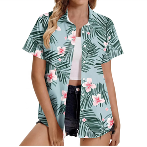 เสื้อเชิ้ตผู้หญิงลายตาข่ายพิมพ์ลายดอกไม้เรขาคณิตสไตล์ฮาวาย คอวี ทรงปกติ ผ้ายืด/เรยอน แขนสั้น สำหรับฤดูร้อน - Product Image 2