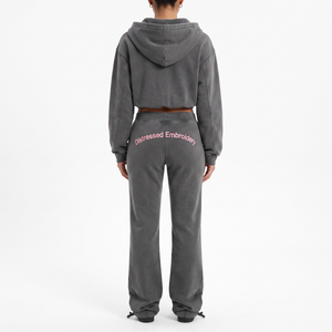 OEM Heavyweight Cotton Solid Women's Vintage Wash <b>Cropped</b> <b>Zip</b>-<b>Up</b> Hoodie & Flared Pants Streetwear Set Custom Logo Oversized - Product Image 2