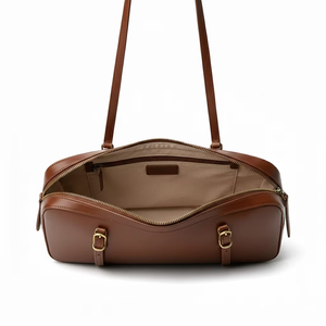 Sac cylindrique en cuir marron de luxe, bandoulière réglable, design vintage tendance, motif géométrique, doublure en polyester, fermeture éclair - Product Image 4