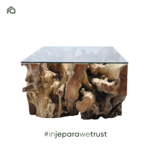 Mesa de Centro de Raíz de Teca Hecha a Mano, Pieza Central Natural Única para Salas de Estar con Diseño Rústico Ecológico y Tapa de Vidrio - Product Image 3