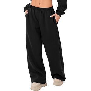 Pantalon de jogging ample en molleton uni pour femme, coupe droite, jambe large, taille basse, avec cordon de serrage, décontracté - Product Image 1