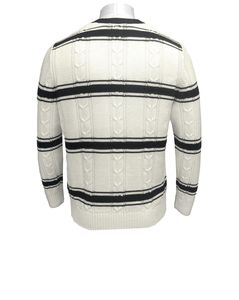 Pull en tricot à col rond pour homme, à rayures noires et blanches, ajouré, à manches longues - Product Image 2
