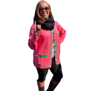 Cárdigan AKA Rosa Salmón y Verde Manzana, con Botones al Frente, Tejido, Manga Larga, Ropa Casual para Mujer, Estilo Sorority - Product Image 1