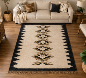 Black Ivory Mustard Handwoven Wool Jute Area <b>Rug</b> Geometric Tribal Kilim <b>Boho</b> Southwestern Living Room Custom Size Carpet - Product Image 1