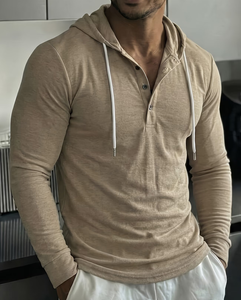 Men's Vintage Style Casual Plus Size Comfortable Skin-Friendly Trendy Home Wear Button-<b>Up</b> Hooded Long Sleeve Henley Sweatshirt - Product Image 1