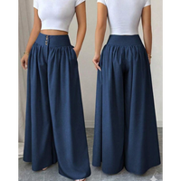Pantalon palazzo taille haute pour femmes, coupe large, avec détails boutonnés, ceinture élastique plissée Sahara, tissu tissé, décontracté et élégant