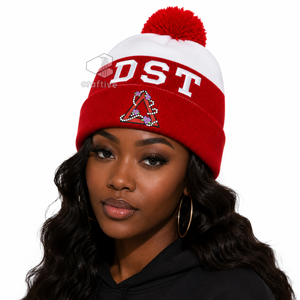 Delta |Sigma | Theta Sorority Women's Knitted Beanie Winter Cap Red & <b>White</b> Embroidered DST 1913 Cuffed Pom Pom Cap Headwear - Product Image 5