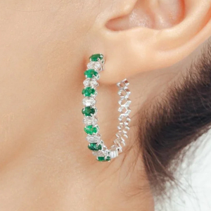 18K White Gold Designer Emerald & Diamond Chunky Drop Earrings-Trendy Gift - Product Image 1