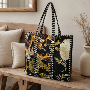 Designer Oriental Floral Tote <b>Bag</b> Oversized Quilted Cotton Zipper Closure Shoulder Shopper <b>Women</b> Travel Work <b>Beach</b> Carry Handbag - Product Image 2