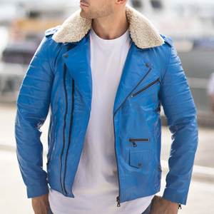 Veste en cuir bleue personnalisée avec logo pour hommes, fermeture éclair, streetwear, haute qualité, respirante, pour l'hiver. - Product Image 6