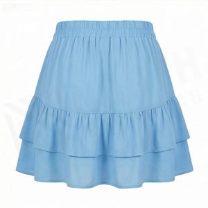 Mini-jupe trapèze bleu clair pour femme, taille élastique, volants en mousseline, style doux, tenue décontractée d'été - Product Image 2