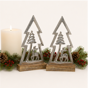 Handmade Premium Silver Metal Christmas <b>Tree</b> Sculpture with Reindeer On Natural Mango Wood Base For Modern Home And <b>Tabletop</b> - Product Image 4