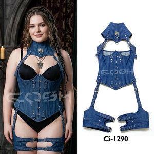 <b>Blue</b> Denim Underbust Steel Boned Corset With Adjustable Harness Straps | Gothic Punk Clubwear <b>Set</b> - Product Image 5