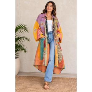 Chaqueta Larga Kantha Hecha a Mano en India, Abrigo Vintage de Algodón con Parches, Ropa Exterior Boho para Mujer - Product Image 3