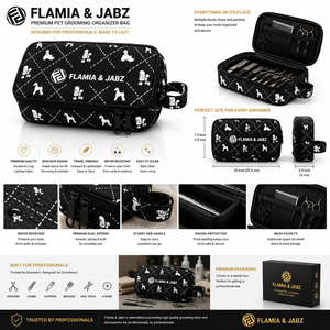 กรรไกรตัดขนสัตว์เลี้ยง FLAMIA & JABZ ลายสุนัขสีดำ ทำจากใยธรรมชาติ ขนาด 10x7.5 นิ้ว พร้อมกระเป๋าเดินทางกันน้ำสำหรับสุนัข - Product Image 1