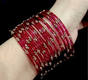 <b>Red</b> glass Bangles Set With Crystal Rhinestone Flower Pattern Ethnic Style Women's Jewelry - Product Image 5