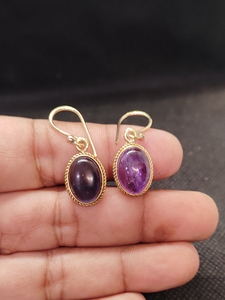 Boucles d'oreilles pendantes en laiton et améthyste naturelle, faites à la main, bijoux en pierres précieuses, vente en gros - Product Image 3