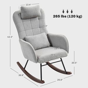 Sedia a dondolo grigio chiaro per cameretta con schienale alto e poggiatesta, sedia da allattamento con cuscino lombare per soggiorno e camera da letto - Product Image 3
