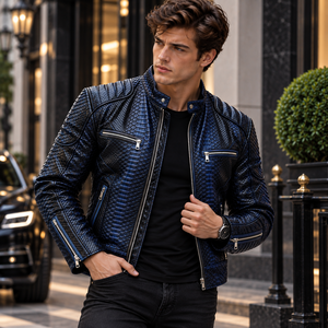 Men's Red Black Snake-Embossed Cow Skin Leather Winter <b>Biker</b> <b>Jacket</b> with Stand Collar Breathable Streetwear Moto <b>Jacket</b> - Product Image 4