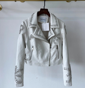 NEW TIZEN Women's <b>White</b> Sheep Skin Quick Dry Moto <b>Jacket</b> with Rhinestone Decoration Stand Collar Zipper Closure <b>Short</b> Length - Product Image 2