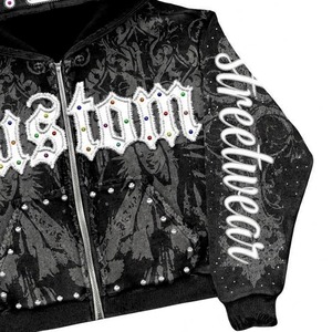 Custom Black Graphic Rhinestone Zipper Hoodie Trendy Streetwear Design Embellished Details Full <b>Zip</b> Stylish Wear For Unisex - Product Image 4