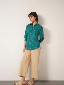 Green Printed Button Down Shirt With Three Quarter Sleeves Turn-down Collar Loose Fit Casual Woven <b>Viscose</b> Cotton Fabric - Product Image 1