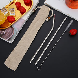 Accessoires de bar en acier inoxydable écologiques certifiés LFGB, paille à boire biseautée avec pochette en lin et brosse de nettoyage - Product Image 3