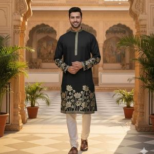 Royal Celebrity Silk Kurta <b>Pajama</b> <b>Set</b> with Gold Foil Embroidery Premium Ethnic Wear <b>for</b> Weddings, Festivals And Special Occasion - Product Image 6