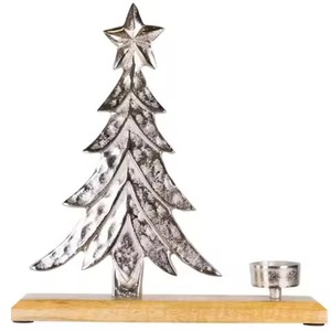 Metal <b>Christmas</b> <b>Tree</b> Tealight Holder with Star <b>Top</b> on Wooden Base for Holiday Home Decoration - Product Image 1