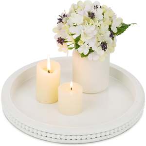 Hot Selling Round Wooden Tray White Beaded Rim Smooth <b>Matte</b> Finish Decorative Serving Tray Coffee <b>Table</b> Centerpiece Tray - Product Image 1