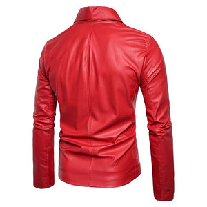 Blouson moto en cuir PU rouge pour homme, col rabattu, fermeture éclair, coupe ajustée, manches classiques, pour l'automne - Product Image 1
