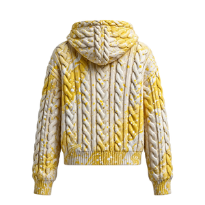 Sweat à capuche jaune et blanc en tricot torsadé avec motif éclaboussures, cordon de serrage tressé, pull à manches longues texturé, style streetwear pour adultes - Product Image 2
