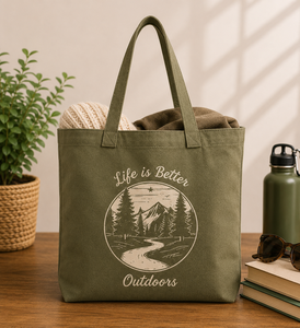 Olive Green <b>Canvas</b> <b>Tote</b> Bag with Nature Scene Print Shopping & Travel Use Top Handle Open Top Design - Product Image 1