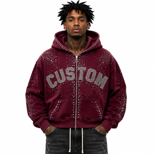 Sudadera con capucha para hombre, personalizada con pedrería, con cremallera completa, holgada, de felpa francesa, 480GSM, algodón, corte cuadrado, estilo urbano, adornada, a la moda - Product Image 1