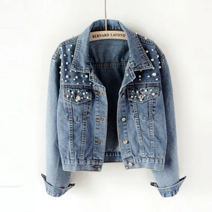Women's <b>Denim</b> Jacket With Beading Vintage Casual Stonewashed Cotton <b>Coat</b> Autumn Style Regular Fit Solid Color Long Sleeve - Product Image 3
