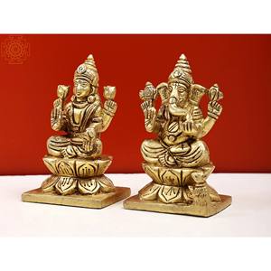 Sculpture en laiton faite à la main de 3 pouces Lakshmi Ganesha assis sur un piédestal de lotus petite statue élégante - Product Image 3