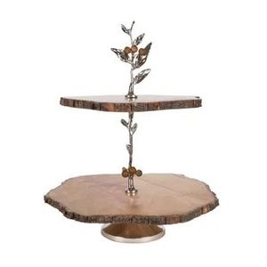Support à gâteau en bois fait main à deux niveaux avec base en tiges et feuilles florales argentées - Product Image 2