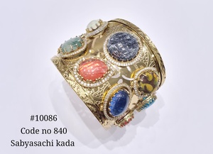 Bracelet manchette plaqué or 10089 avec pierres précieuses multicolores et perles, jonc ouvert en zircon cubique, bijou manchette pour mariage - Product Image 5