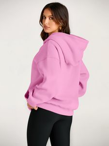 Sweat-shirt à capuche oversize pour femme, rose uni, épaules tombantes, manches longues, asymétrique, en polaire respirante, pour l'automne - Product Image 2