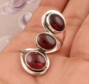 Natural Red <b>Garnet</b> Oval <b>Ring</b> 925 Sterling <b>Silver</b> Handcrafted Three Stone Designer Gift Jewelry - Product Image 1