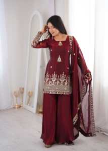 Designer Party Wear Bridal Wear Embroidery Sequence Work Fandy <b>Silk</b> Top With Bottom And Dupatta Fully Stitched Ready To Wear Set - Product Image 4