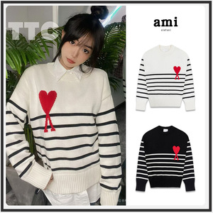 Pull en tricot rayé pour femme de marque avec broderie cœur rouge, col rabattu oversize, idéal pour l'automne - Product Image 1