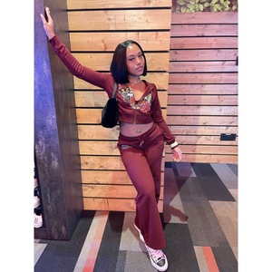 Women's Maroon Streetwear Tracksuit <b>Set</b> Full Sleeve Half-Zip Printed Design Regular Fit Autumn Wear With Side Pockets - Product Image 1