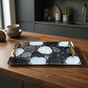 Plateau de service en agate naturelle et marbre avec poignées en métal doré, plateau décoratif en pierre pour table basse, maison, cuisine, hôtel - Product Image 3