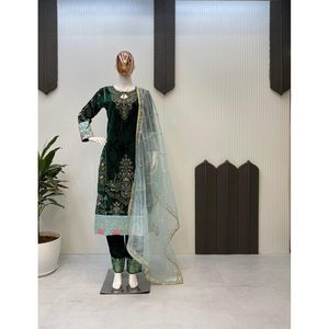 DESIGNER VELVET SEQUENCE BRODERIE TRAVAIL HAUT BAS AVEC DUPATTA VERT - Product Image 1