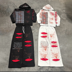 Unisex Streetwear Tracksuit Set Hooded Zipper Full Length <b>Sweatshirt</b> Pants Red Lip Print <b>Slogan</b> Design Autumn Wear - Product Image 1