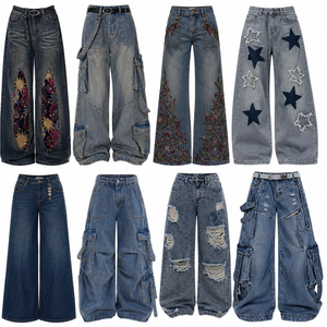 Pantalones vaqueros cargo de cintura media para mujer, con bordado floral, lavado desgastado, estilo bohemio, venta al por mayor de excedentes de ropa. - Product Image 1